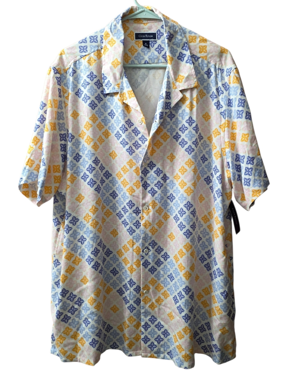 Club Room Short-Sleeve Camp Shirt in Yellow and Blue Tile Print
